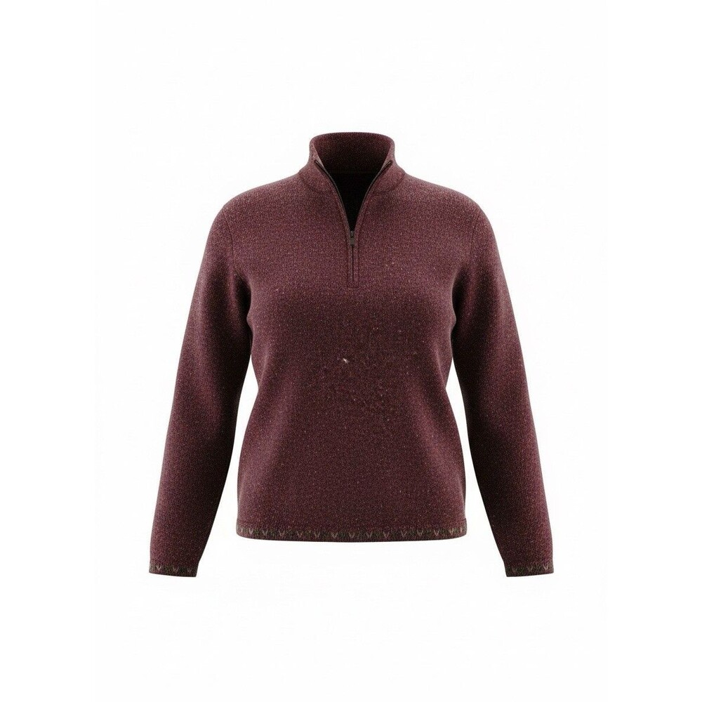 Vintage Woolrich Women's XL 1/4-Zip Sweater - Burgundy, Floral Embroidery Trim